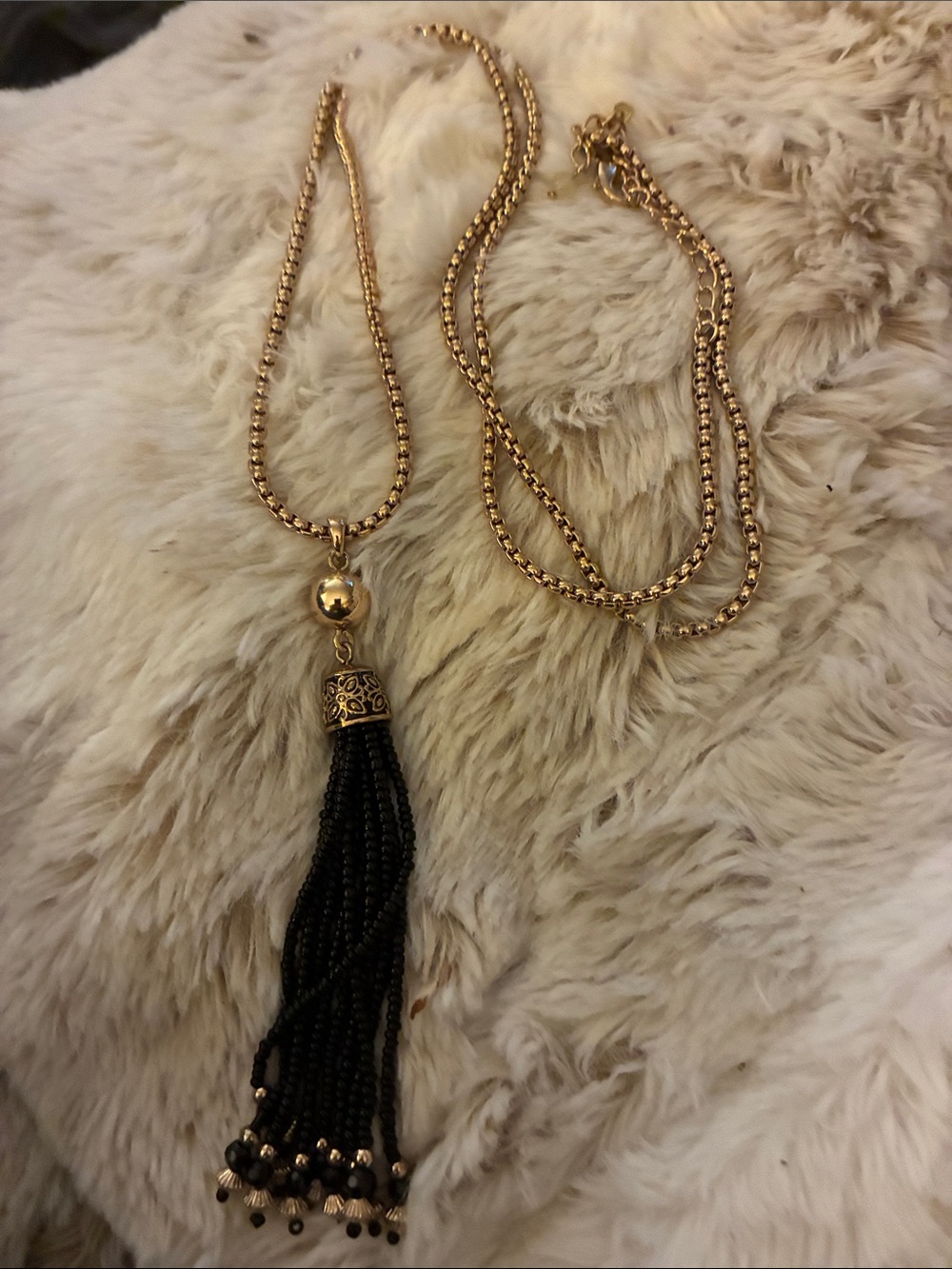 Gold Snake Chain Necklace with Black Beaded Tassel Pendant